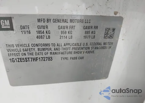 2017 Chevrolet Malibu 1Lt from USA, damaged, VIN 1G1ZE5ST7HF172783